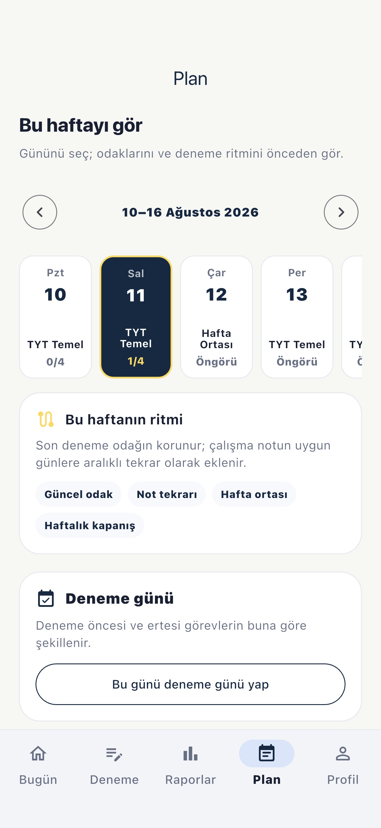 Sınav Koçu uygulamasında haftalık plan ekranı